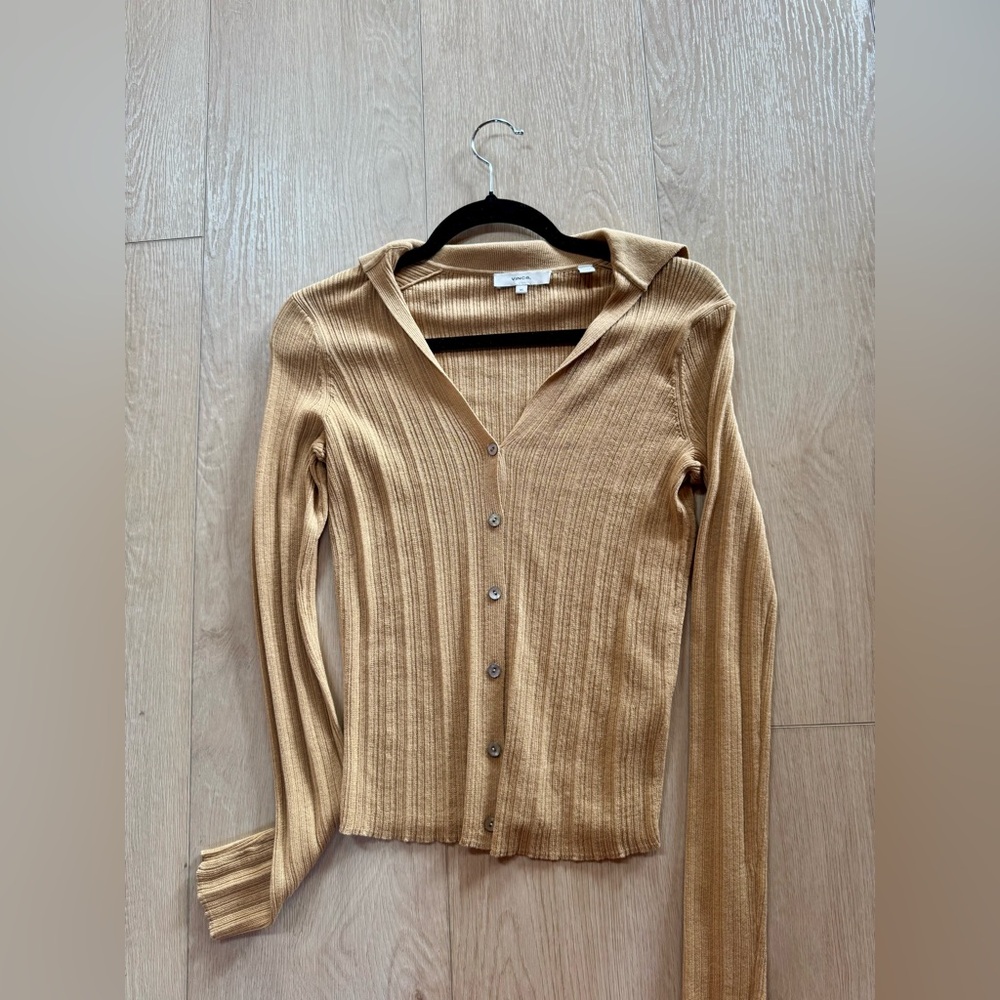 Vince Women’s Tan Ribbed Knitted Cotton Blouse